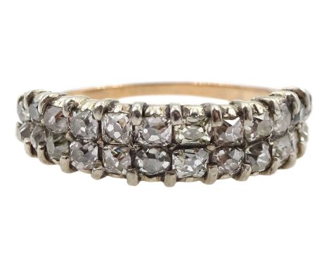 19th century gold and silver two row old cut diamond ring, the inner shank inscribed 'Catherine Tracy 1852'Condition Report:S