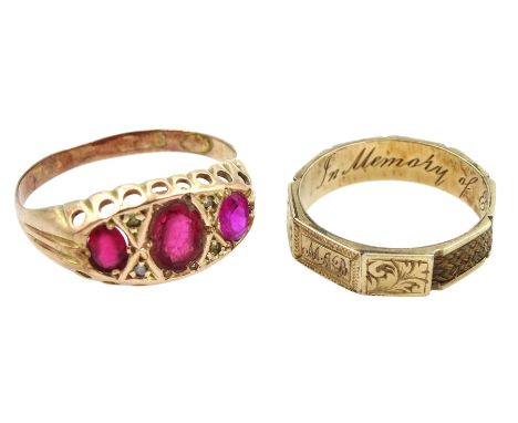 Late 19th/early 20th century mourning ring with hairwork shank, inscribed within and a 9ct gold pink stone set ring Condition