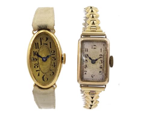 18ct gold oval ladies manual wind wristwatch, London import marks 1924, on cream leather strap and a 9ct gold manual wind wri
