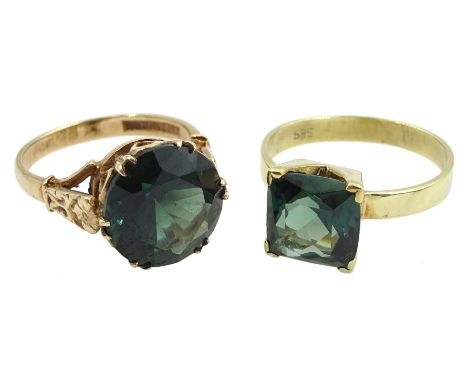 14ct gold cushion cut green paste stone ring, stamped 585 and one other similar 9ct gold ring, hallmarked Condition Report:14