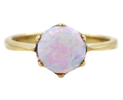 9ct gold single stone round opal ring, hallmarked Condition Report:Approx 2.15gm, size N-O, max head depth = 7mm, good condit