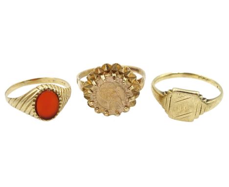 Two gold signet rings, one set with oval carnelian and a gold ring set with 'Maximiliano Emperador' coin, all 9ct, hallmarked