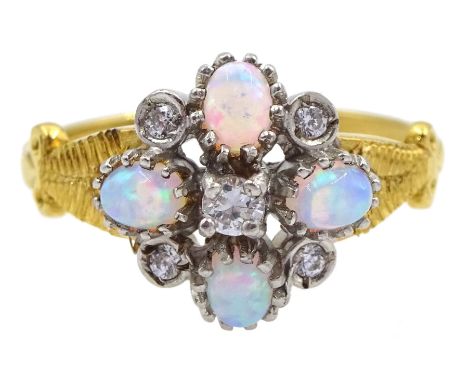 Silver-gilt opal and cubic zirconia flower head cluster ring, stamped SilCondition Report:Size P, max head depth = 13mm, good