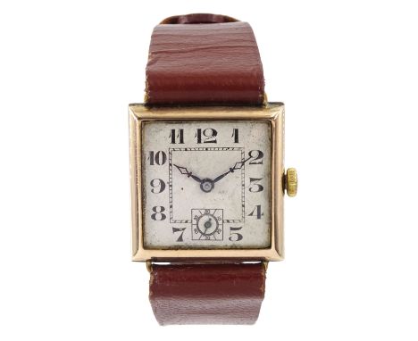 Swiss early 20th century 9ct gold, square cased manual wind wristwatch, white enamel dial with subsidiary seconds dial, case 