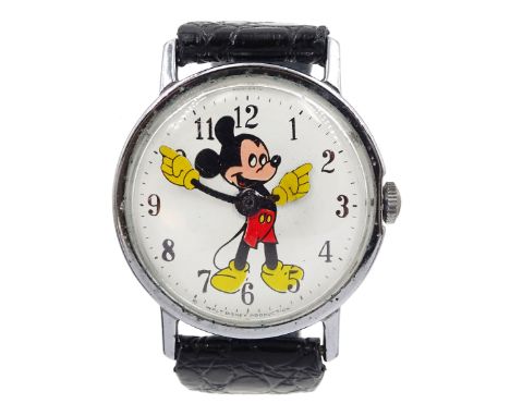 Walt Disney Production 'Mickey Mouse' stainless steel gentleman's manual wind wristwatch, on black leather strapCondition Rep