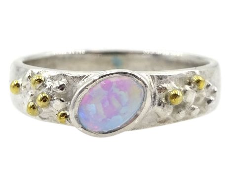 Silver blue oval opal with bead detail shoulders, stamped 925 Condition Report:Size O, good condition 