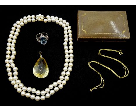 18ct gold link necklace, stamped 750, double strand pearl necklace, with 9ct gold pearl clasp, silver paste stone ring, stone