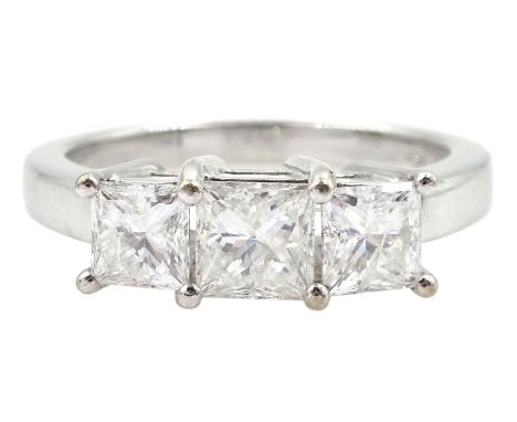 18ct white gold three stone princess cut diamond ring, stamped 750, total diamond weight approx 2.10 carat Condition Report:A