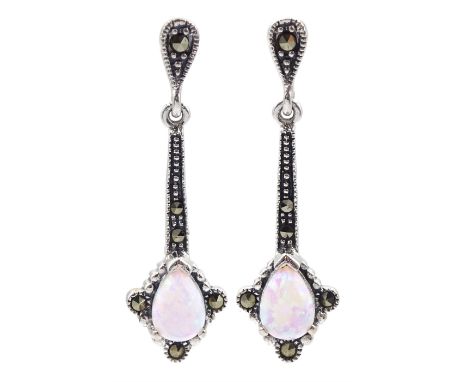 Pair of opal and marcasite pendant stud earrings, stamped 925Condition Report:Length = 32mm, good condition 