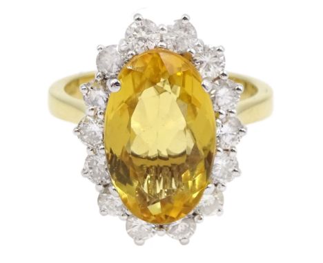 18ct gold oval golden citrine and round brilliant cut diamond cluster ring, hallmarked, total diamond weight approx 1.15 cara