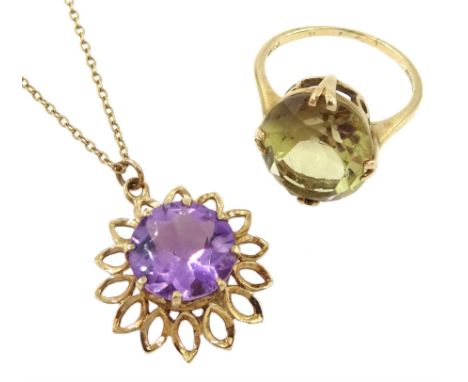 Gold circular amethyst pendant necklace and a gold citrine ring, both 9ctCondition Report:Approx 6.3gm, ring size N-O, slight