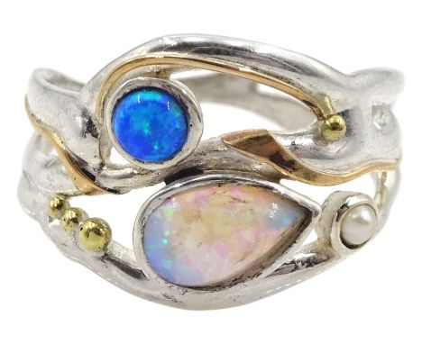 Silver and 14ct gold wire two stone opal and pearl ring, stamped 925Condition Report:Size T-U, max depth = 16mm, good conditi