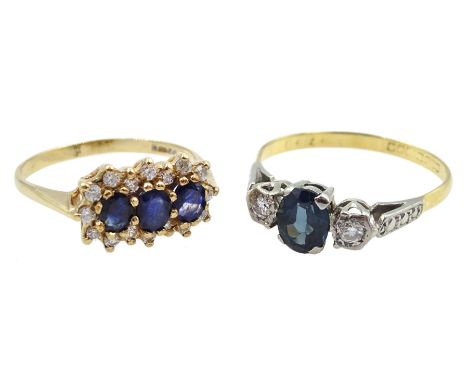 18ct gold three stone sapphire and diamond ring and a 9ct gold blue and clear stone set ringCondition Report:18ct tested appr