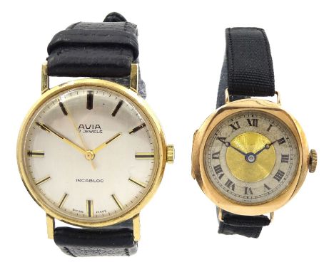 Avia 9ct gold gentleman's manual wind presentation wristwatch, hallmarked, on black leather strap and a ladies 9ct gold manua