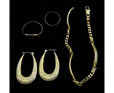 Pair of gold hoop earrings, curb and panel link bracelet and two gold rings, all 9ct, stamped or hallmarked Condition Report: