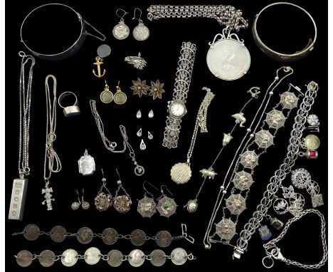 Pair of 9ct gold pendant earrings and collection of early 20th century and later stone set silver and silver jewellery includ