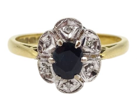 18ct gold oval sapphire and diamond cluster ring, Birmingham 1967, sapphire approx 0.40 carat Condition Report:Approx 3.2gm, 