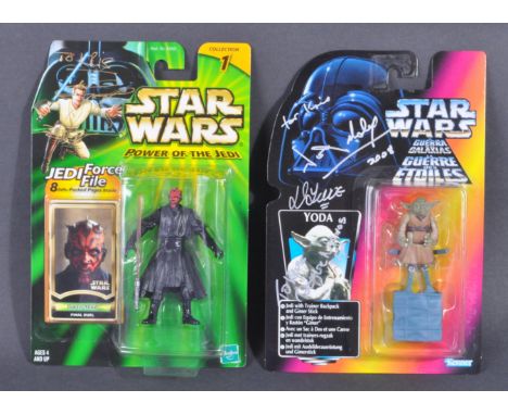 Star Wars - x2 1990s Hasbro / Kenner made Star Wars carded moc action figures: ' Darth Maul ' signed in gold ink by Ray Park,
