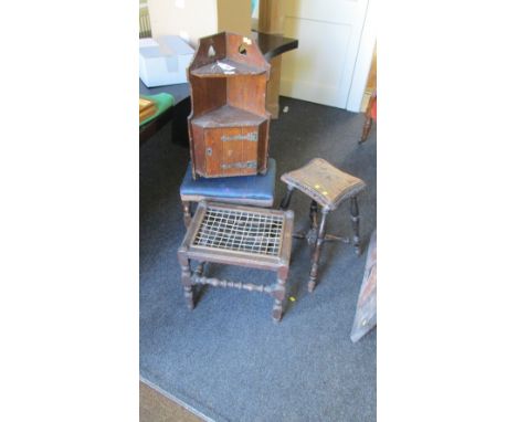 A Victorian oak corner cupboard, with shelf above, the single door with decorative strap hinges, 35 cm (13 1/2 in) wide, toge