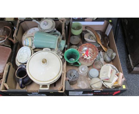 Two boxes of various items, including cased playing cards, crumb brush and tray, blancmange moulds, carved soapstone tourist 