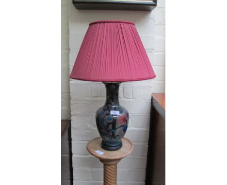 A Royal Stanley- type vase, converted to a table lamp with conical red cloth shade, 56 cm total