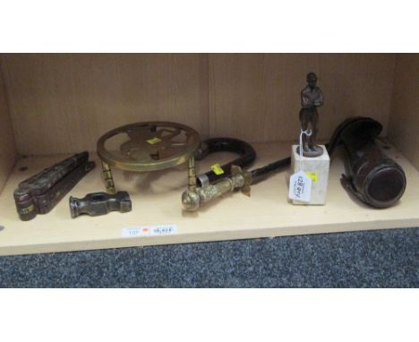 A small collection of items, to include a bronzed polo trophy, leather cased hunting flask and other items