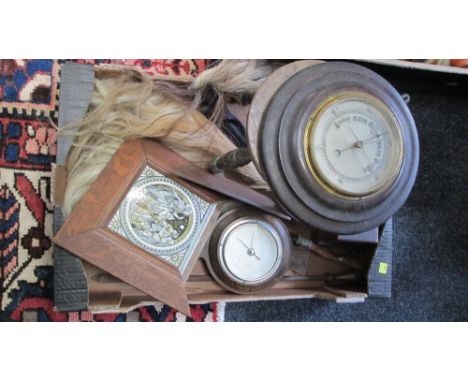 A mixed lot, including African fly whisks, oak framed tile transfer decorated with a scene from Hamlet, two barometers, and o