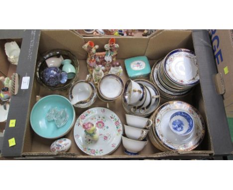 A box of decorative ceramics and glass, including a 19th century Derby figure of a flower seller, a Noritake part tea service