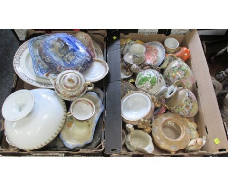 Two boxes of various ceramics, including a Noritake part tea service, a Russian ceramic flask decorated in shallow relief wit