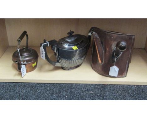 A 19th century chimney kettle, a 19th century bachelor's copper kettle and a silver plated tea pot