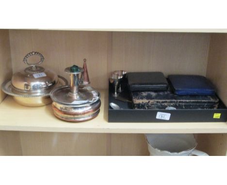 A small quantity of silver plate, including bottle coaster, chamberstick, cased flatware, two egg cups, spirit labels and oth