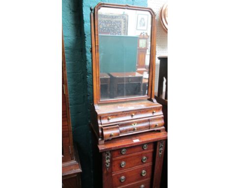 A part George I herringbone and cross-banded figured walnut box-based swing toilet mirror, the surround with moulded cross gr