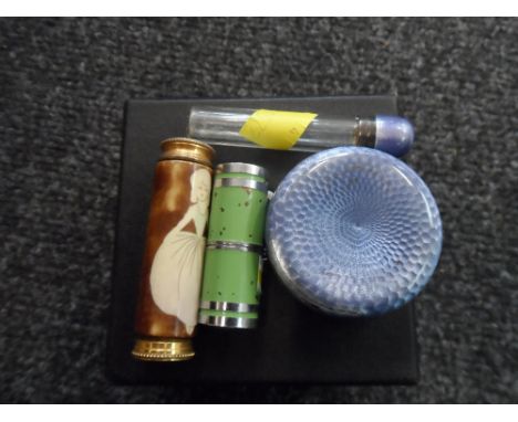 A 1920s/30s silver gilt mounted glass perfume phial, with guilloche enamel hinged cover, 6.5 cm (2 1/2 in) long, together wit