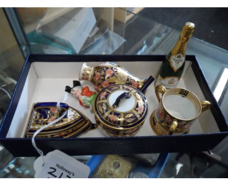 A small collection of ceramic toy miniature porcelain toys, to include Royal Crown Derby, 'Imari', saucepan and cover, bearin