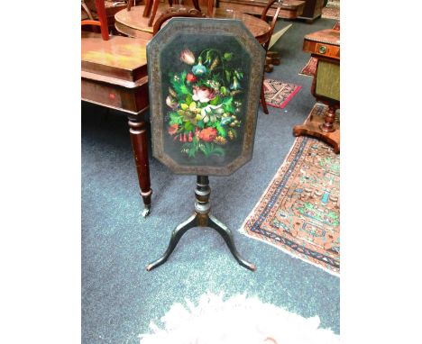 An late 19th century painted tripod table, with canted rectangular top decorated with cut blooms in colours, raised on a slen