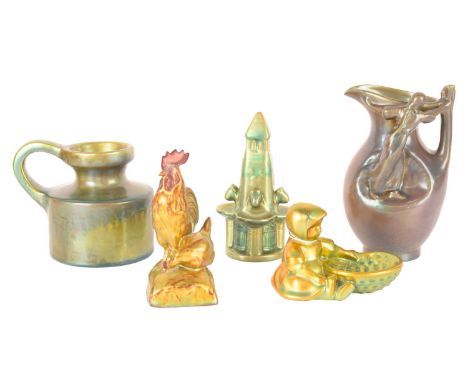 A collection of five small Zsolnay ceramic lustre items, consisting of a figural jug, 17cm high, a Zsolnay fountain figurine 