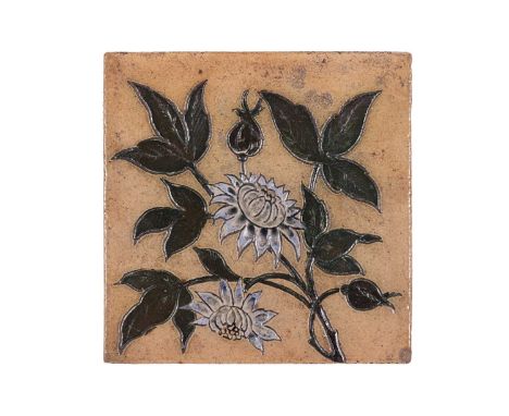 A 19th-century stoneware tile, probably by Martin Brothers (unsigned), with incised floral decoration painted in blue and gre