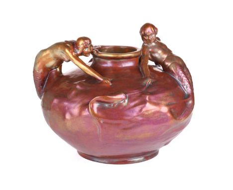 Lajos Mack for Zsolnay, an early 20th-century iridescent ceramic 'Mermaid' vase, shape number 6108, with two art nouveau-styl