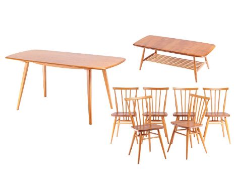 Set of six Ercol beech and elm All Purpose (391) design dining chairs, each stamped with Kite Mark 1960/2056, an Ercol beech 