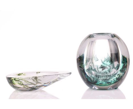 Edward Hald (1883-1980) for Orrefors, a Fiskgraal glass vase, with internal decoration of fish swimming amongst weed, engrave