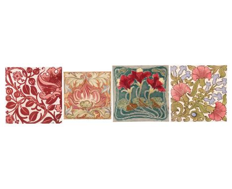 Two Maw &amp; Co ceramic floral design tiles, one with ruby lustre finish, the second with sprays in polychrome enamels, each