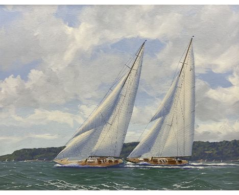 George Drury (British 1950-): 'Velsheda and Endeavour Racing On the Solent', oil on board signed, titled verso 38cm x 48cm 