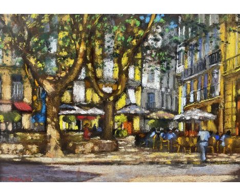 John Mackie (Scottish 1953-): Shaded Paris Cafes, pastel signed and indistinctly dated 28cm x 40cm 