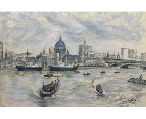 Walter Graham Scott-Brown (British 1887-1987): View Across the Thames, pastel signed in pencil 36cm x 54cm