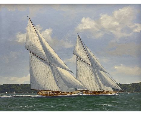 George Drury (British 1950-): 'Lulrock and Shamrock Racing On the Solent', oil on board signed, titled verso 39cm x 49cm