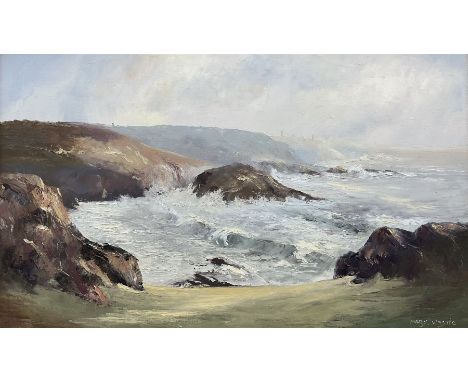 Mary Wastie (Cornish 1935-): Rocky Seascape near Pendeen, oil on canvas signed 39cm x 65cm 