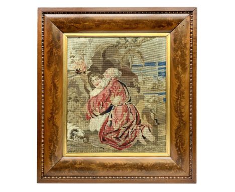 FRAMES - Victorian figured mahogany frame, with egg and dart edging and a gilt slip, containing a Berlin woolwork picture dep