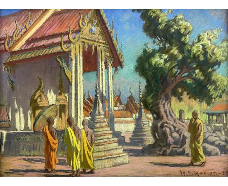 William Samuel Horton (American 1865-1936): Buddhist Monks Meeting Outside a Temple, pastel signed and dated '34, 47cm x 62cm