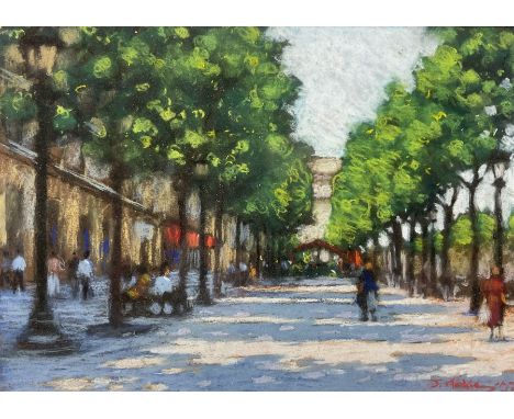 John Mackie (Scottish 1953-): Tree Lined Street in Paris, pastel signed and dated '02, 24cm x 34cm 