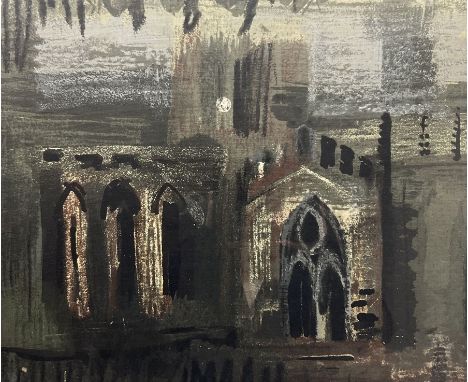 John Piper (British 1903-1992): 'Northern Cathedral', screen print on cotton satin, titled on label verso 49cm x 59cm 